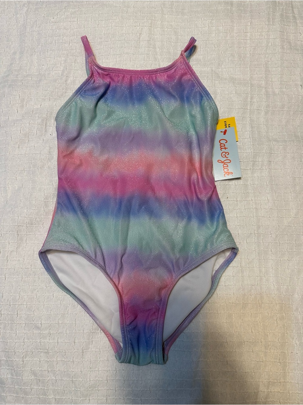 Cat & Jack Girls' Pastel Rainbow Shimmery One-Piece Swimsuit Size Small (6/7)